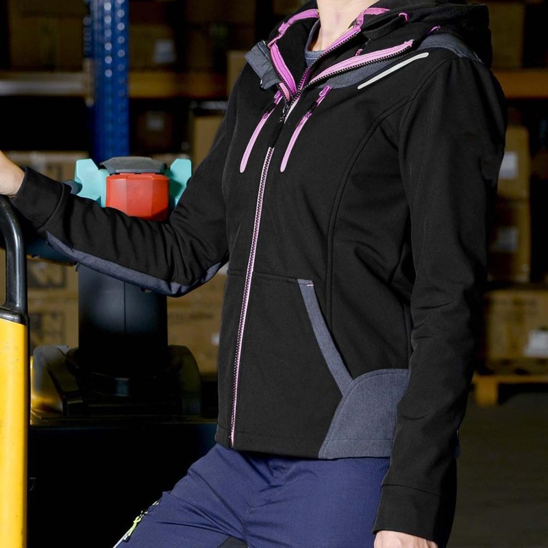 Blouson de travail femme softshell noir ou bleu marine avec capuche