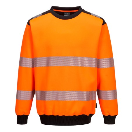 Sweat haute visibilité orange et noir Portwest PW379 col rond manches longues avec bandes réfléchissantes vue face