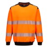 Sweat haute visibilité orange et noir Portwest PW379 col rond manches longues avec bandes réfléchissantes vue face