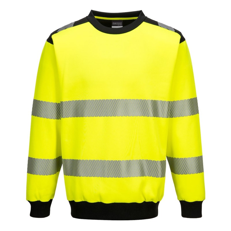 Sweat haute visibilité jaune et noir Portwest PW379 col rond manches longues avec bandes réfléchissantes vue face