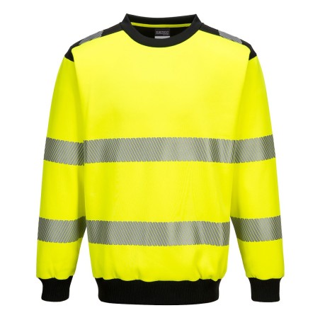 Sweat haute visibilité jaune et noir Portwest PW379 col rond manches longues avec bandes réfléchissantes vue face