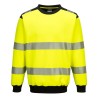Sweat haute visibilité jaune et noir Portwest PW379 col rond manches longues avec bandes réfléchissantes vue face