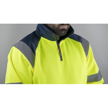 Sweat haute visibilité jaune col montant zippé et poche kangourou