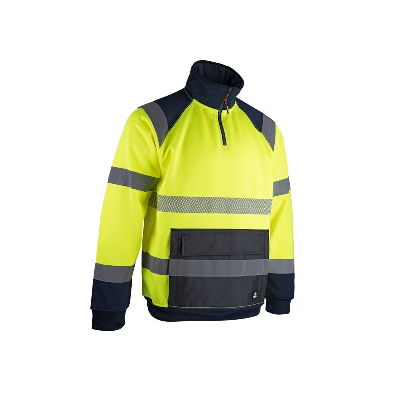 Sweat haute visibilité jaune col montant zippé et poche kangourou