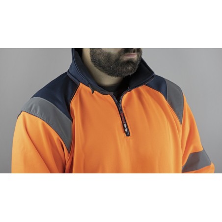 Sweat haute visibilité orange col montant zippé et poche kangourou