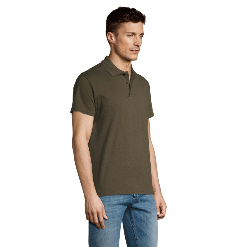Polo manches courtes vert army col en cote patte trois boutons ton sur ton