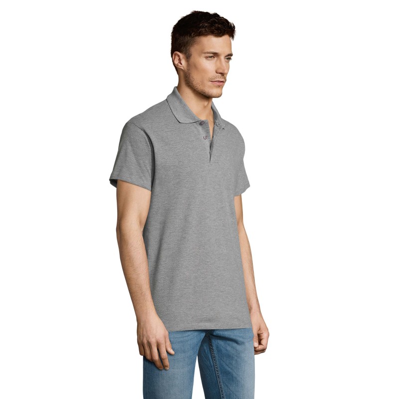 Polo manches courtes gris chiné col en cote patte trois boutons ton sur ton