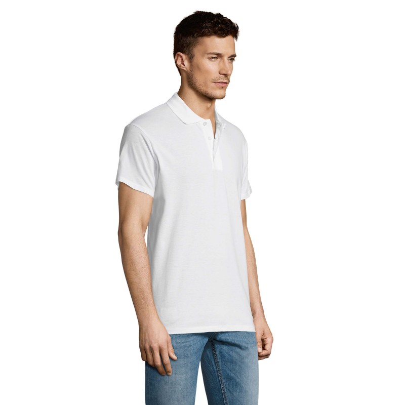 Polo manches courtes blanc col en cote patte trois boutons ton sur ton