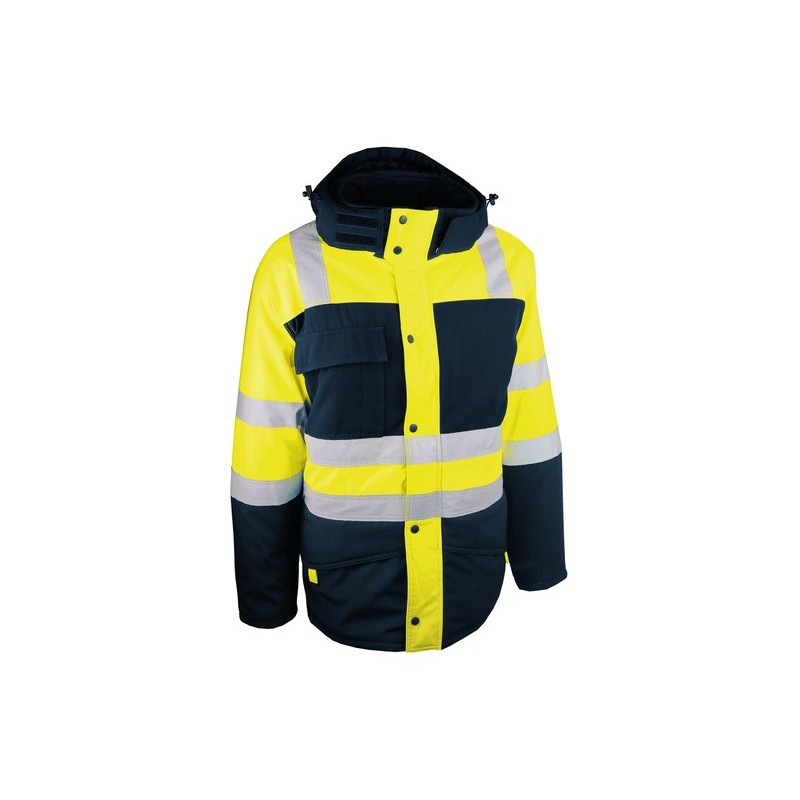Parka haute visibilité contre le froid intense jaune bleu marine