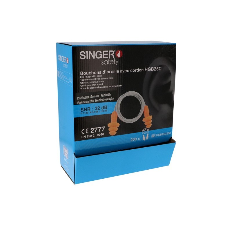 Boite de 200 paires bouchons d’oreille SNR 27 dB avec cordon - HGB250C