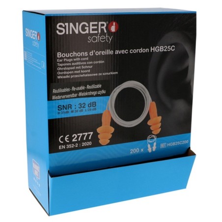 Bouchons d’oreille SNR 32 dB avec cordon – Boîte 200 paires HGB25C200