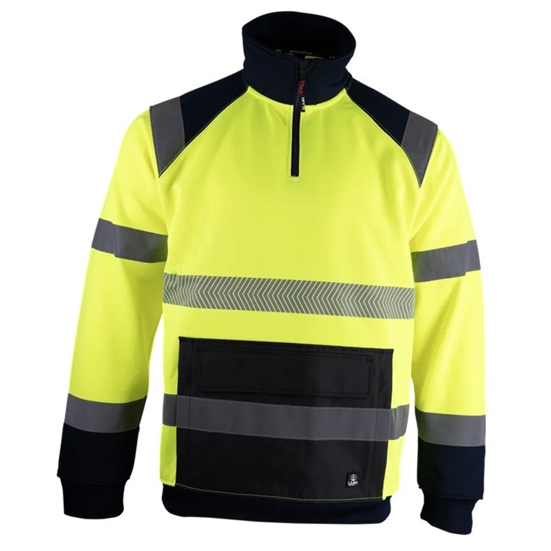 Sweat haute visibilité jaune LMA MIRE col montant zippé avec bandes réfléchissantes vue face