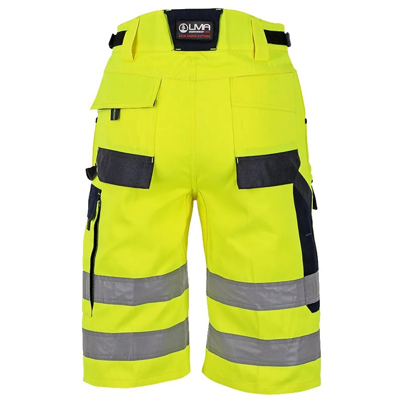 Bermuda de travail haute visibilité jaune LMA vue arrière avec poches et bandes réfléchissantes