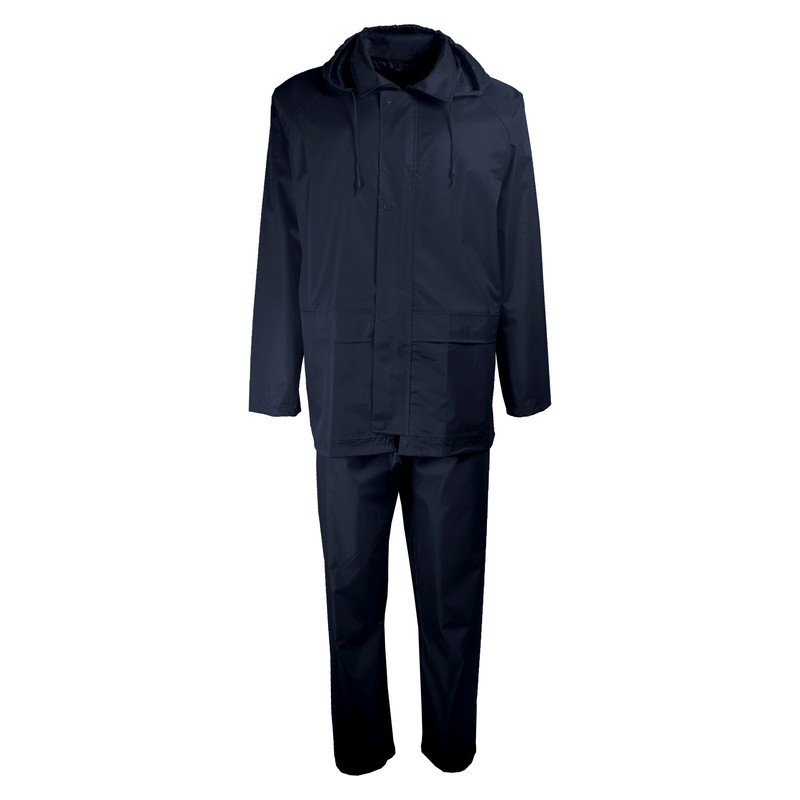 Vue de face de l’ensemble de pluie bleu marine avec capuche – Singer Safety