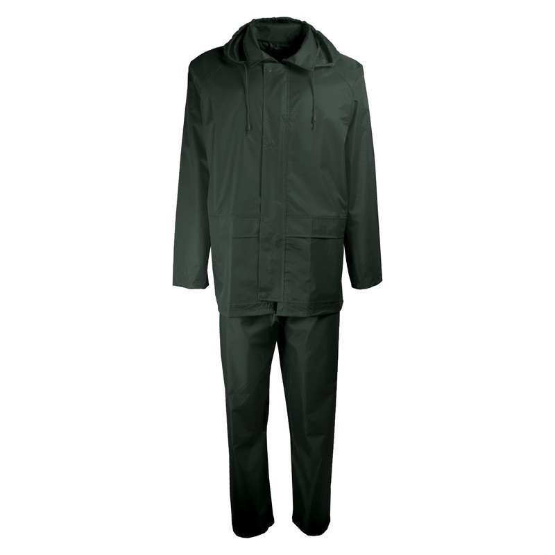 Vue de face de l’ensemble de pluie vert avec capuche fixe – Singer Safety VPLARMORV
